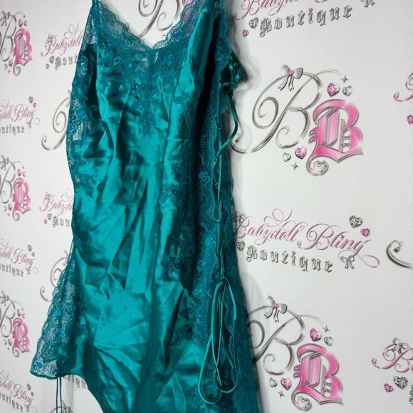 La senza dress babydoll lace corset tie up sides shimmer Teal Satin Chemise - Picture 13 of 15